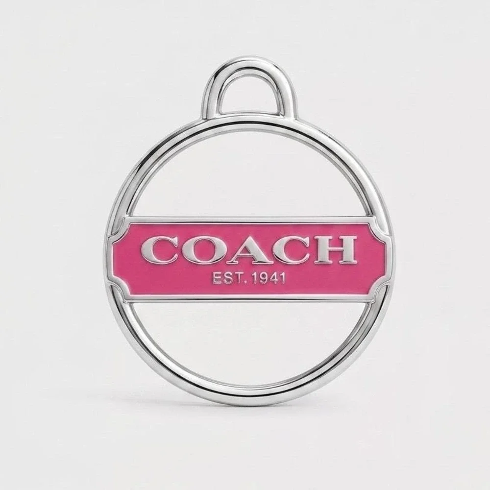 Coach Est 1941 Pink Enamel Silver Tone‎ Circular Bag Charm Keychain Pendant